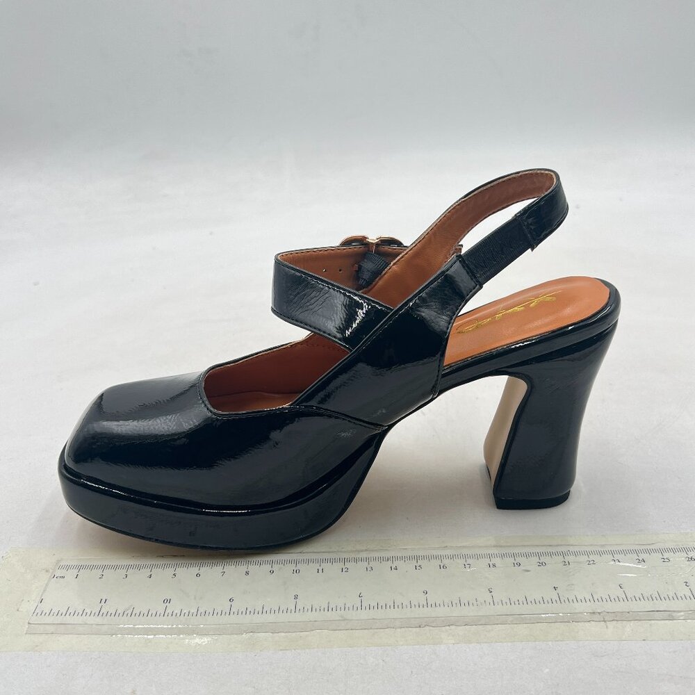 XYD Black Square Toe Platform Pumps Slingback High Chunky Heel Sandal Comfy Shoe